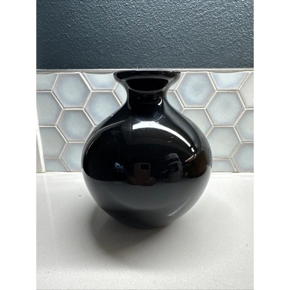 Haegar Vase Vintage 90s Solid Black Gloss Glaze Original Sticker Halloween Decor