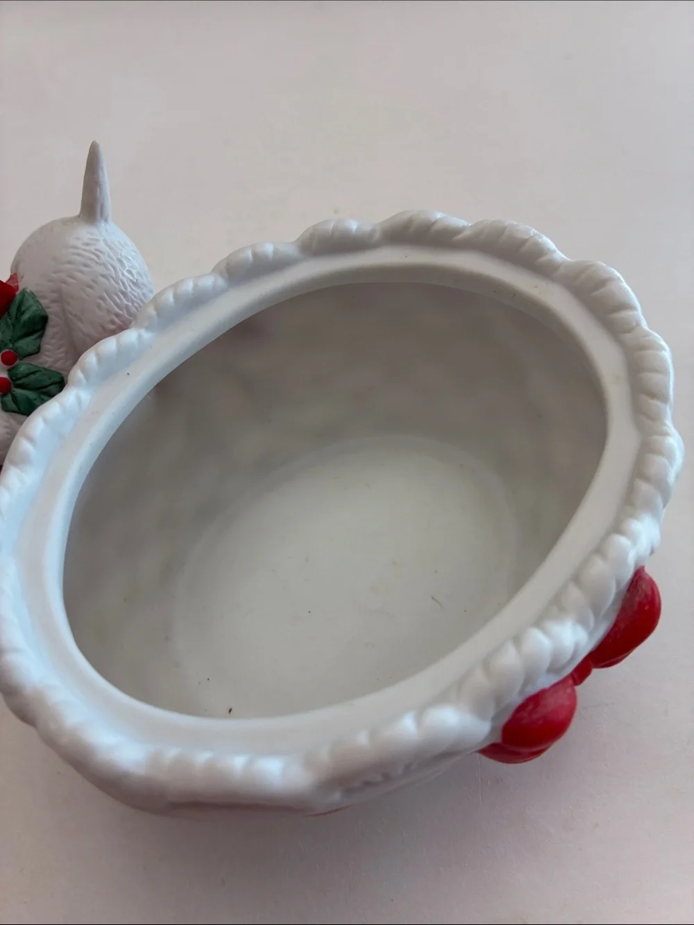 Lefton White Cat Trinket Box with Red Bows and Green Holly