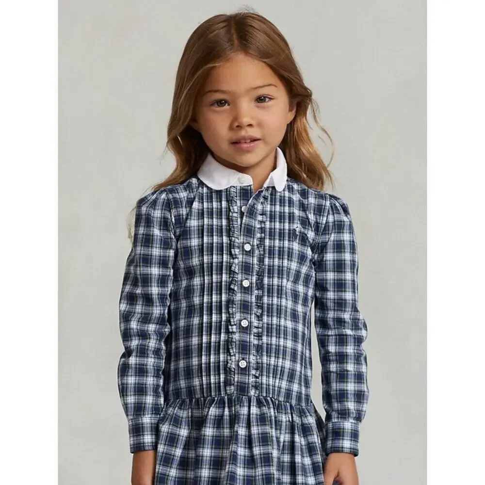 POLO Ralph Lauren Girls Navy Blue Green Plaid Stretch Poplin Shirt Button Dress