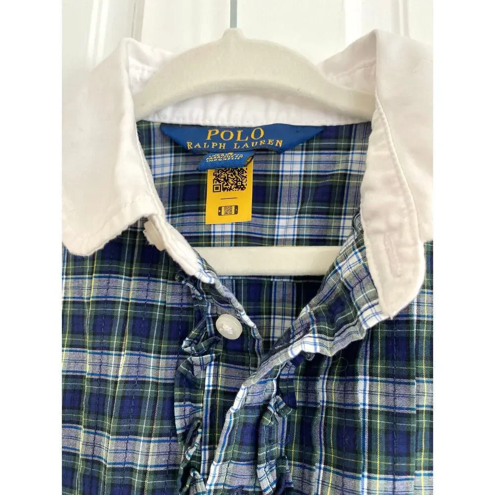 POLO Ralph Lauren Girls Navy Blue Green Plaid Stretch Poplin Shirt Button Dress