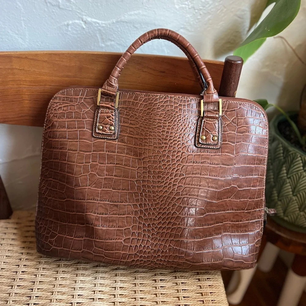 Vintage Croc Embossed Brown Vinyl Laptop Bag Briefcase 12x16 Work Office