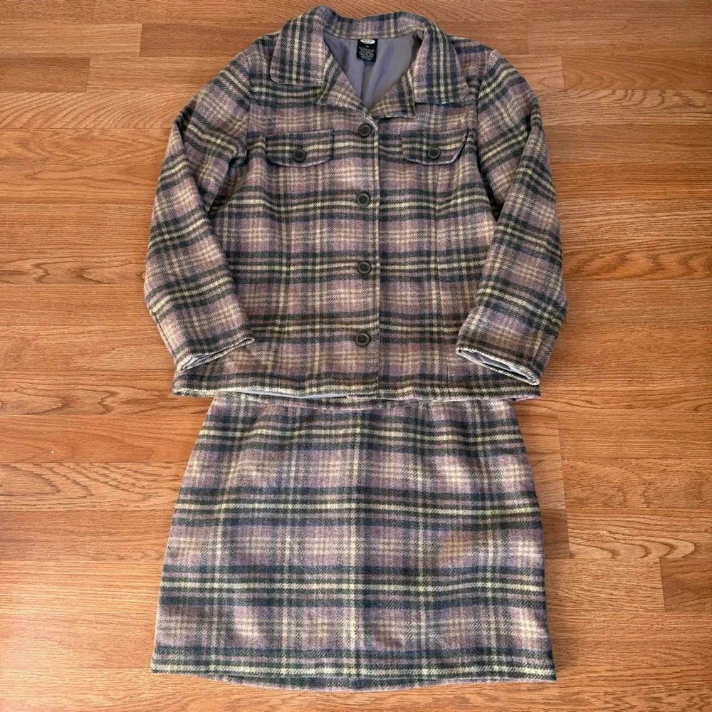 VINTAGE 90s OLD NAVY Lavender Purple Plaid Recycled Wool Jacket and Skirt