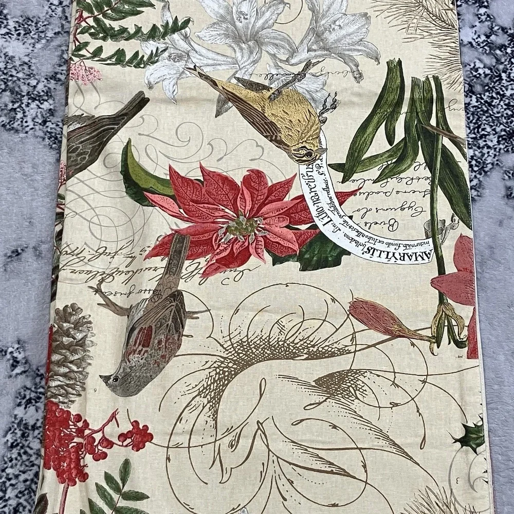 Pottery Barn Botanical Bird Table Runner Linen Blend Holiday Christmas 18X90