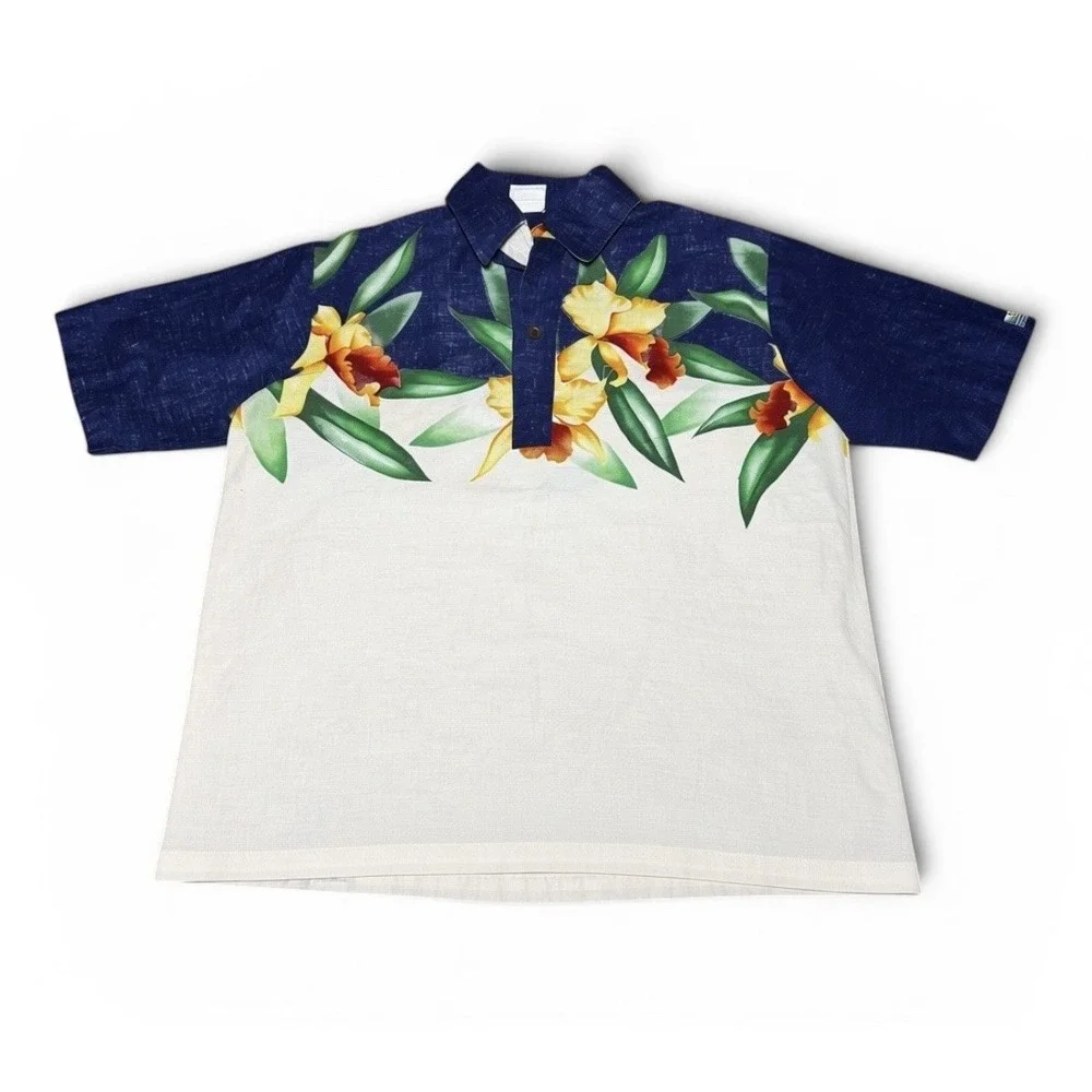 Vintage Off Shore Hawaiian Shirt Mens L Ivory Blue Floral Aloha