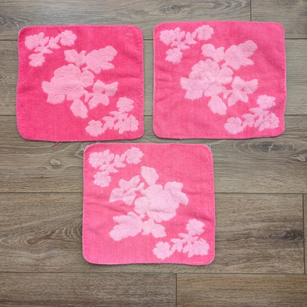 Vtg Cannon Royal Family Pink Floral Washcloth Set (3) Rose Cotton MCM Retro