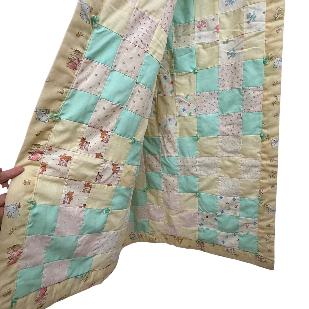 Vintage Handmade Patchwork Baby Quilt Pastel Bunny Teddy Bear Tied Blanket 38x63