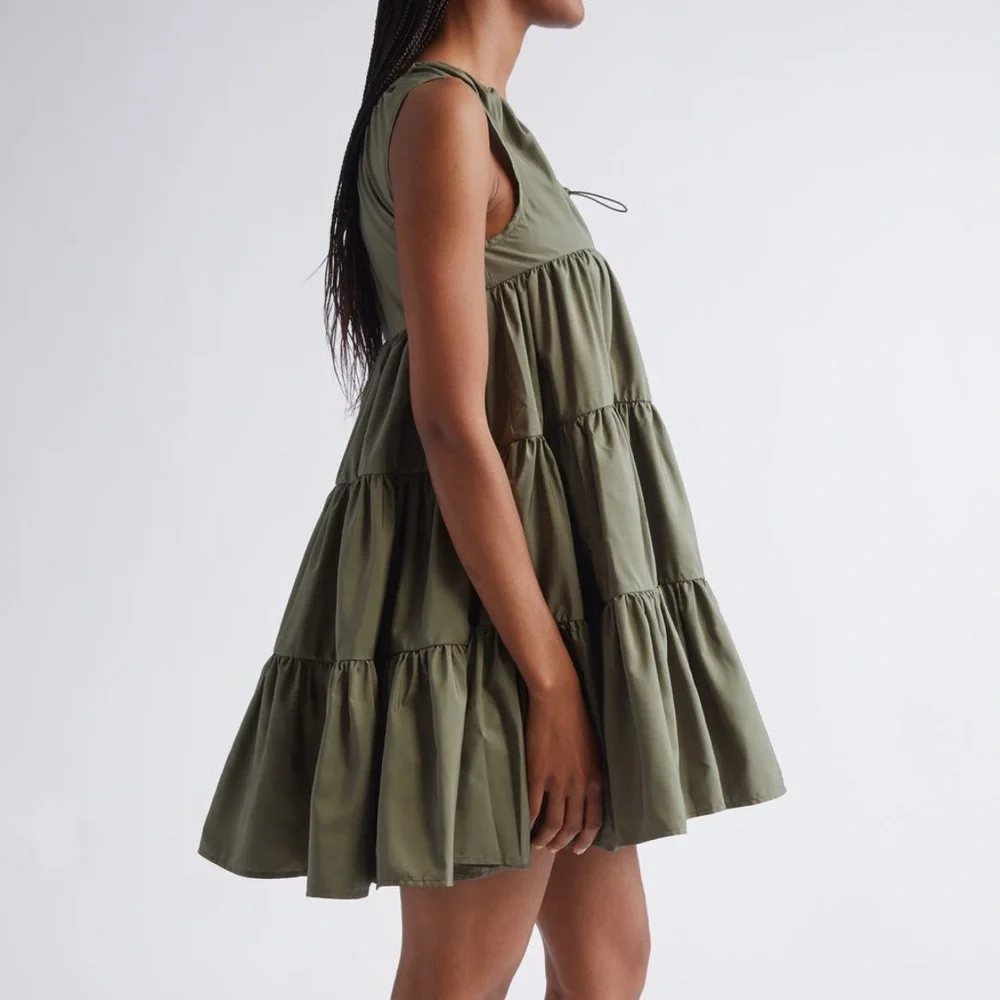 New Cecilie Bahnsen Aino Tiered Recycled Faille Minidress in Olive Green Size 4