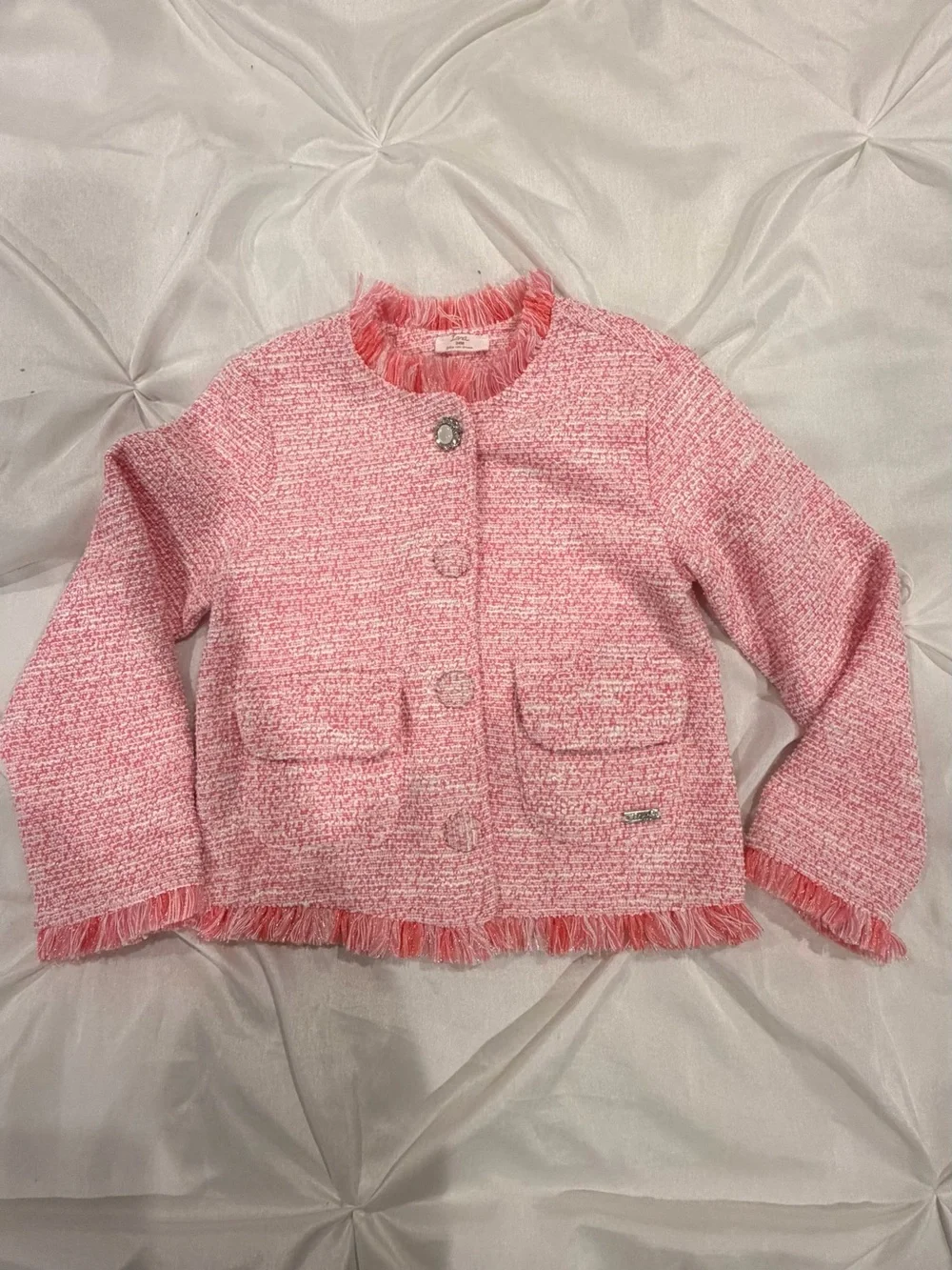 Girls Pink Tweed Fringe Jacket Size 24m
