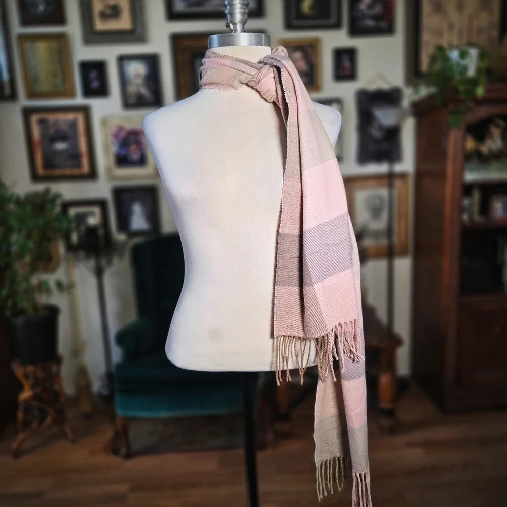 Pink Plaid Scarf Checkered Cashmere-Feel Soft Acrylic Winter Fringe 12x72 Wrap