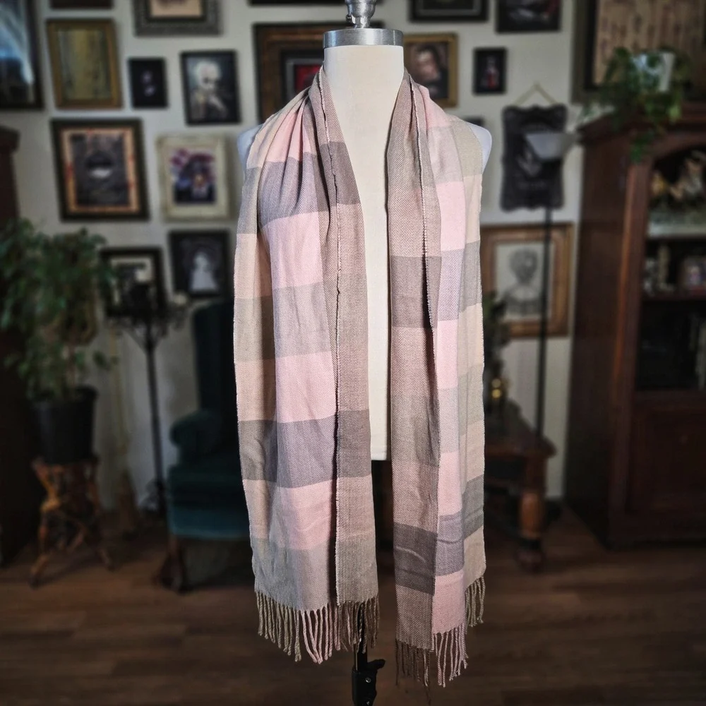Pink Plaid Scarf Checkered Cashmere-Feel Soft Acrylic Winter Fringe 12x72 Wrap