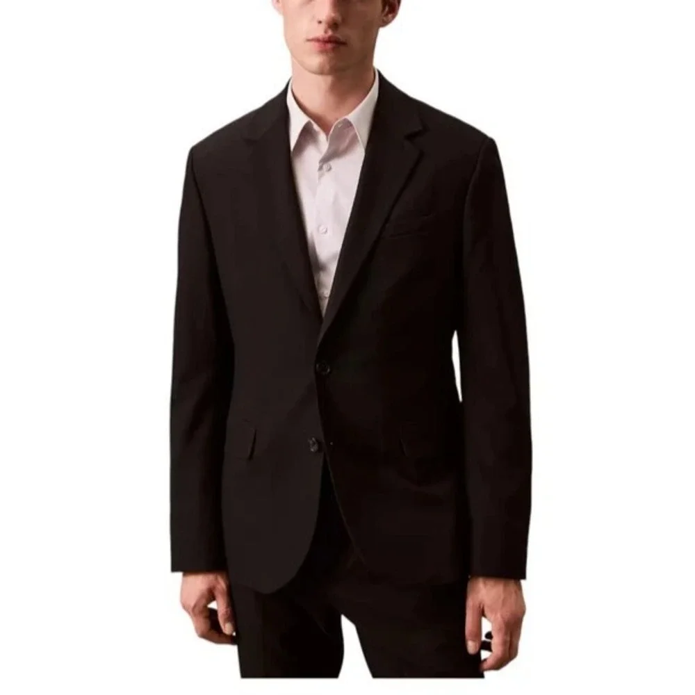 Calvin Klein Mens Slim-fit Suit Jacket Blazer 44S Black Solid Wool Blend