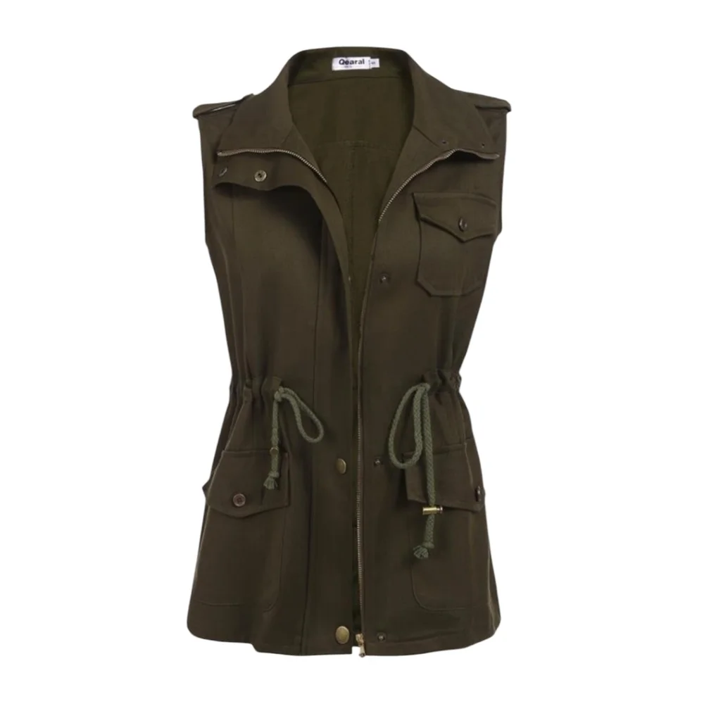 Qearal Zip-Up Drawstring Anorak Jacket Military Vest Outerwear w/ Pockets