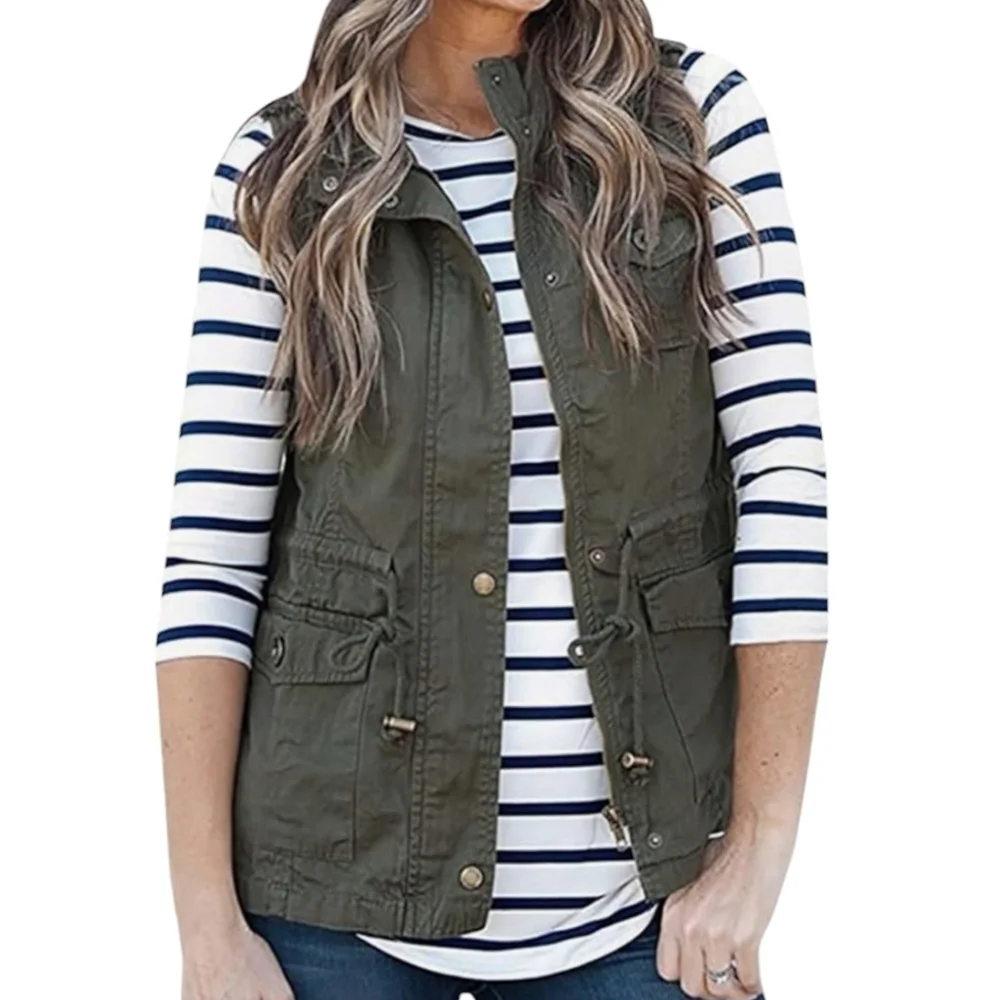Qearal Zip-Up Drawstring Anorak Jacket Military Vest Outerwear w/ Pockets