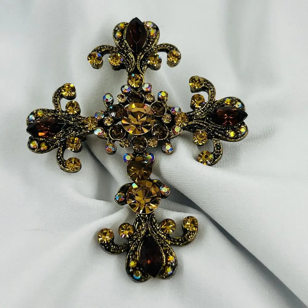 Gothic Cross Pendant Brooch Amber Rhinestone Antiqued Gold Tone Fleur de Lis