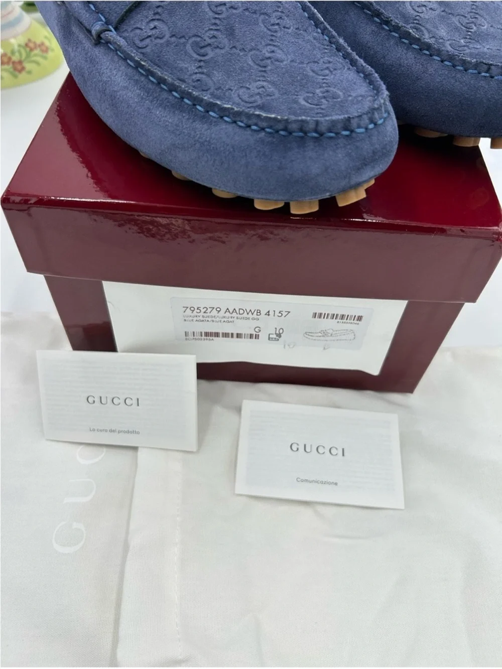 Men’s Gucci, GG embossed suede driver loafer size 10 fit 11 US made Italy
