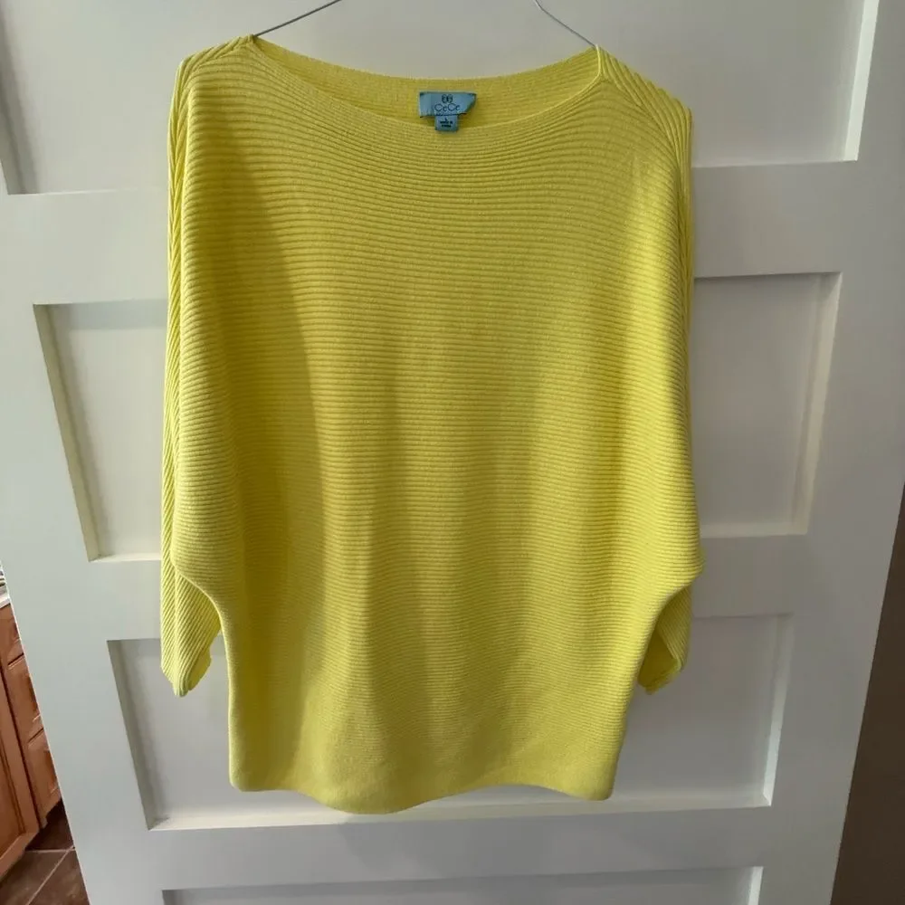 New CeCe Bright Yellow Ribbed Knit Sweater Dolman Sleeves Boat Neck Boho