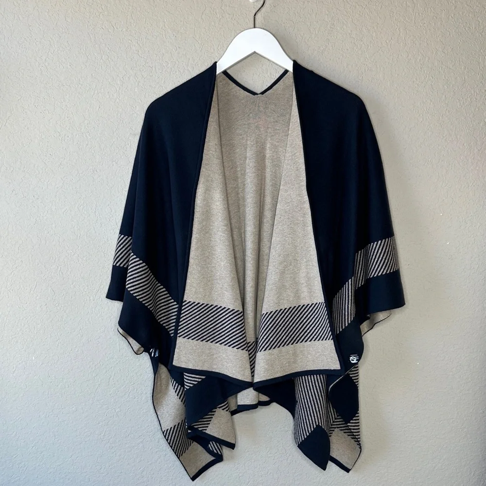 Women's Open Front Shawl Wrap One Size Warm Cape Ribbed Knit Poncho‎ Blue Cream