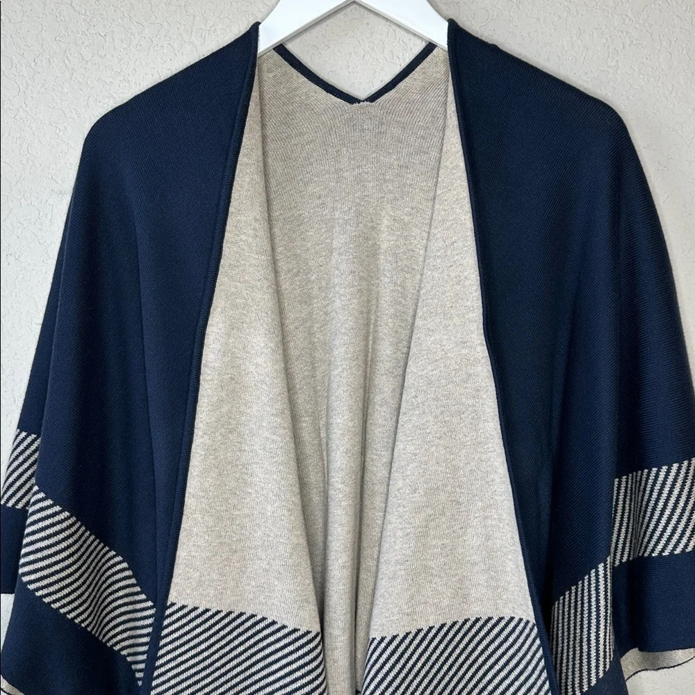 Women's Open Front Shawl Wrap One Size Warm Cape Ribbed Knit Poncho‎ Blue Cream