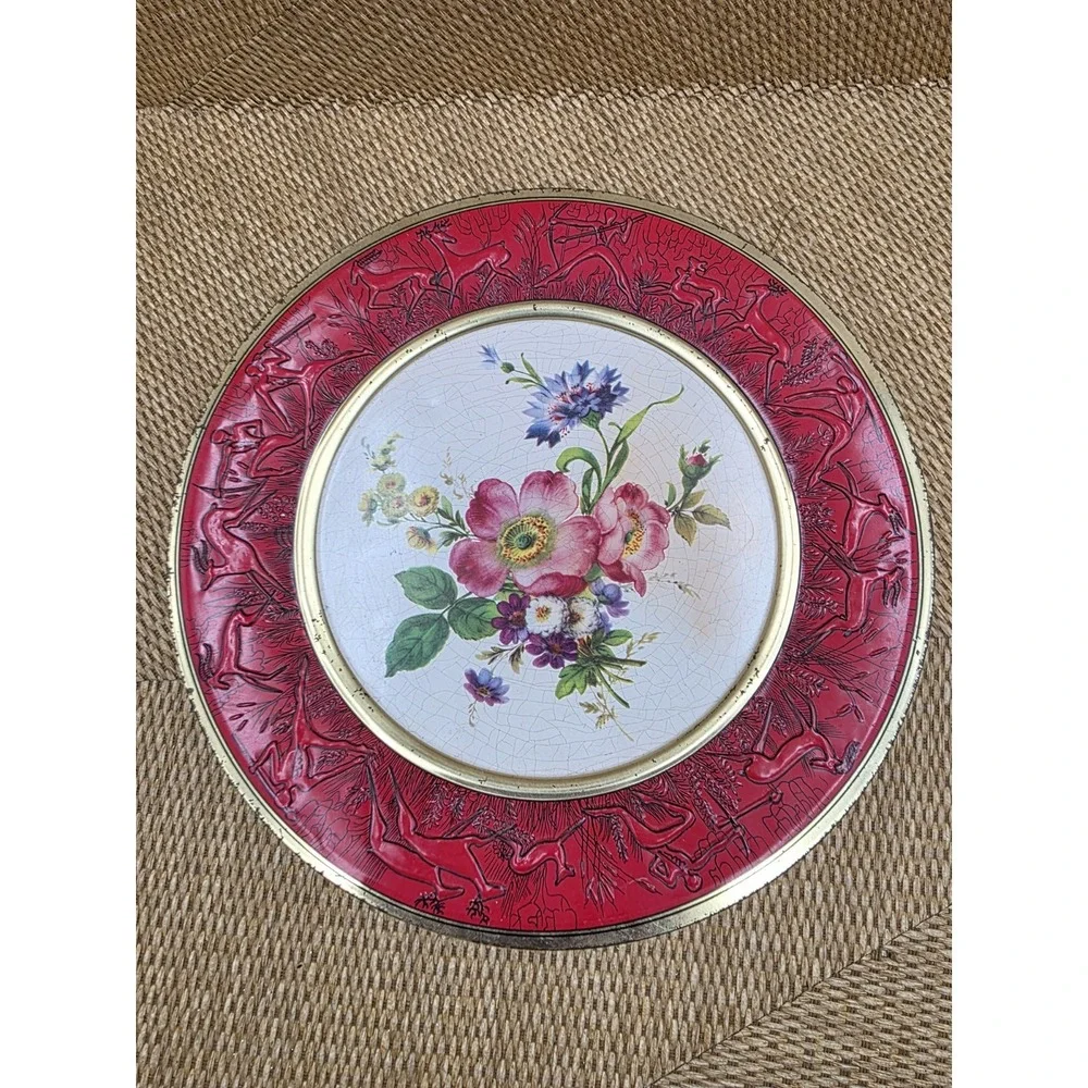 VTG Western Germany Decorative Tin Box Red & Gold Floral Embossed Container 8.5