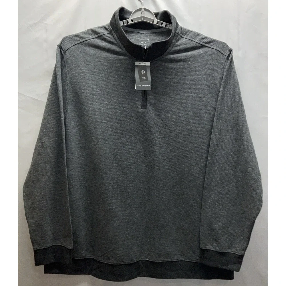 NWT Men's Van Heusen Big & Tall Mock Neck Quarter Zip Twill‎ Sweater Grey 3XLT