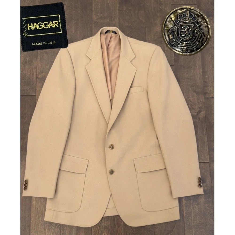 Vintage Haggar Blazer Jacket‎ Mens Size 40L Beige USA Made Gold Buttons 2-Button