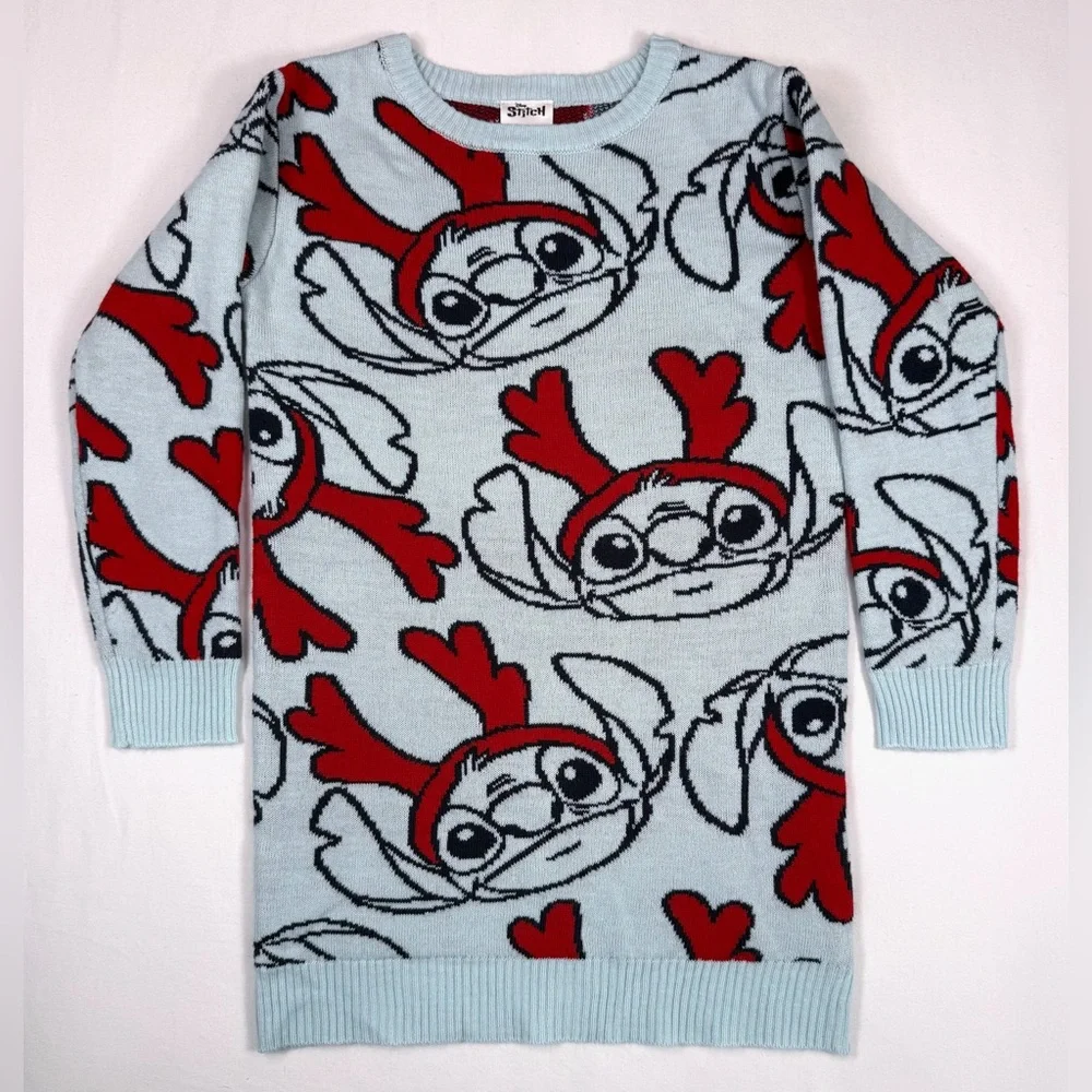 DISNEY LILO & Stitch Girls’ Stitch Printed‎ Knit Sweater Dress Christmas 6/6X