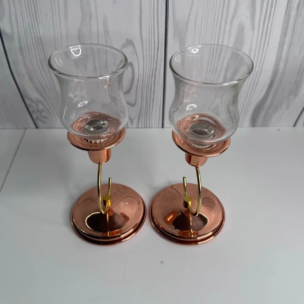 Vintage MCM Copper Candle Holders Pair Coppercraft Curve Pillar/Votive 1970s USA