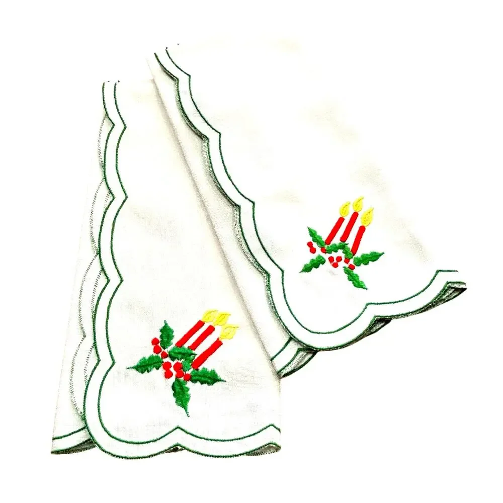 PAIR of Christmas table mats doilies toppers white candle poinsettia embroidery