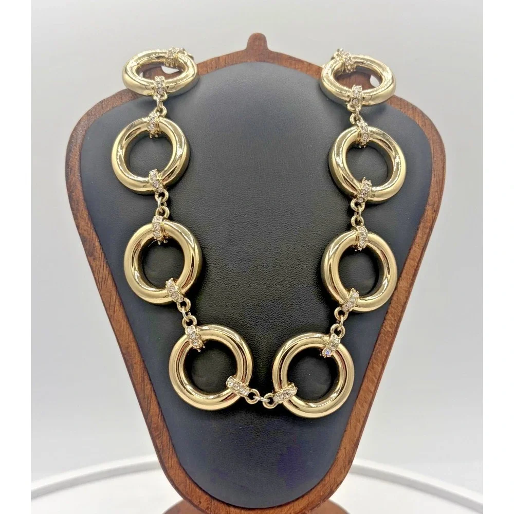 Banana Republic Gold Tone Chunky O-Ring Statement Necklace Rhinestone Toggle