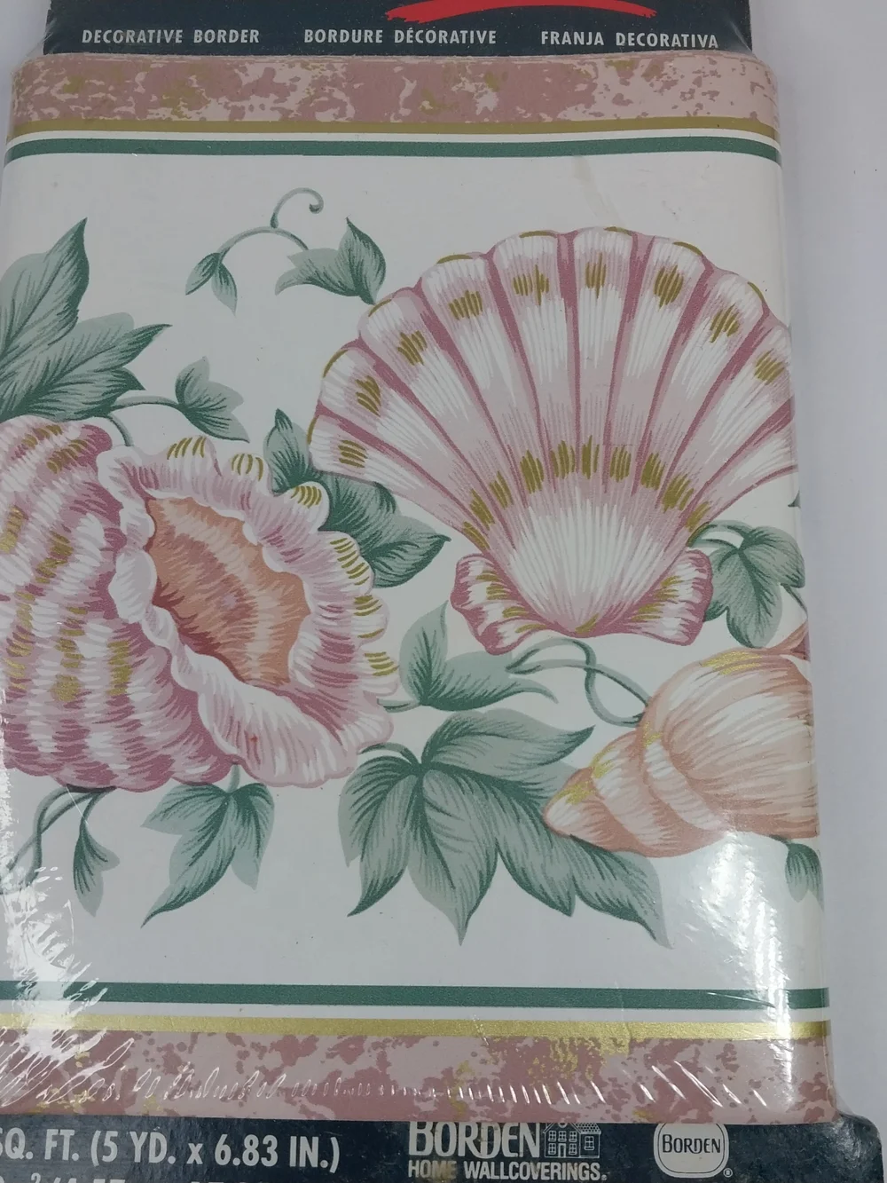 Vintage 90s Bordenstyle Wallpaper Border Pink Sea Shells Print 7”x 5 Yds.
