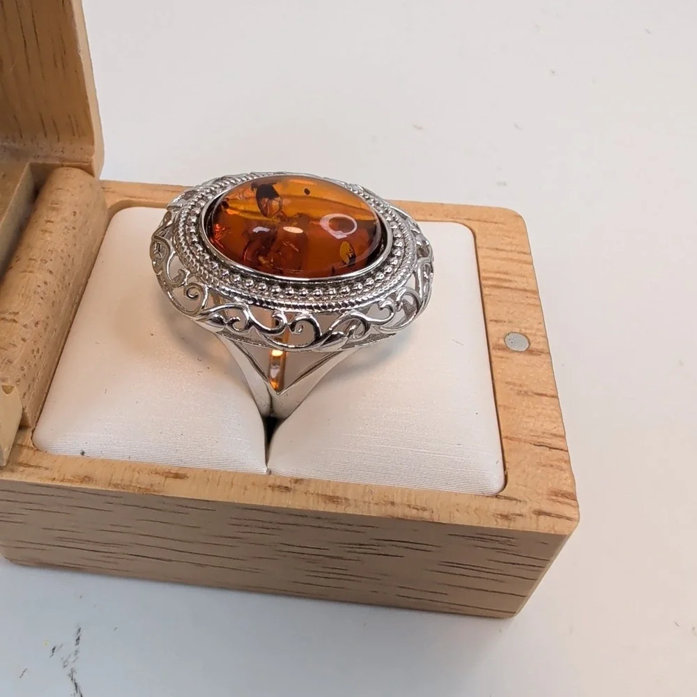 STS Jewels Sterling Silver & Cognac Amber Pebbled Filigree Statement Ring
