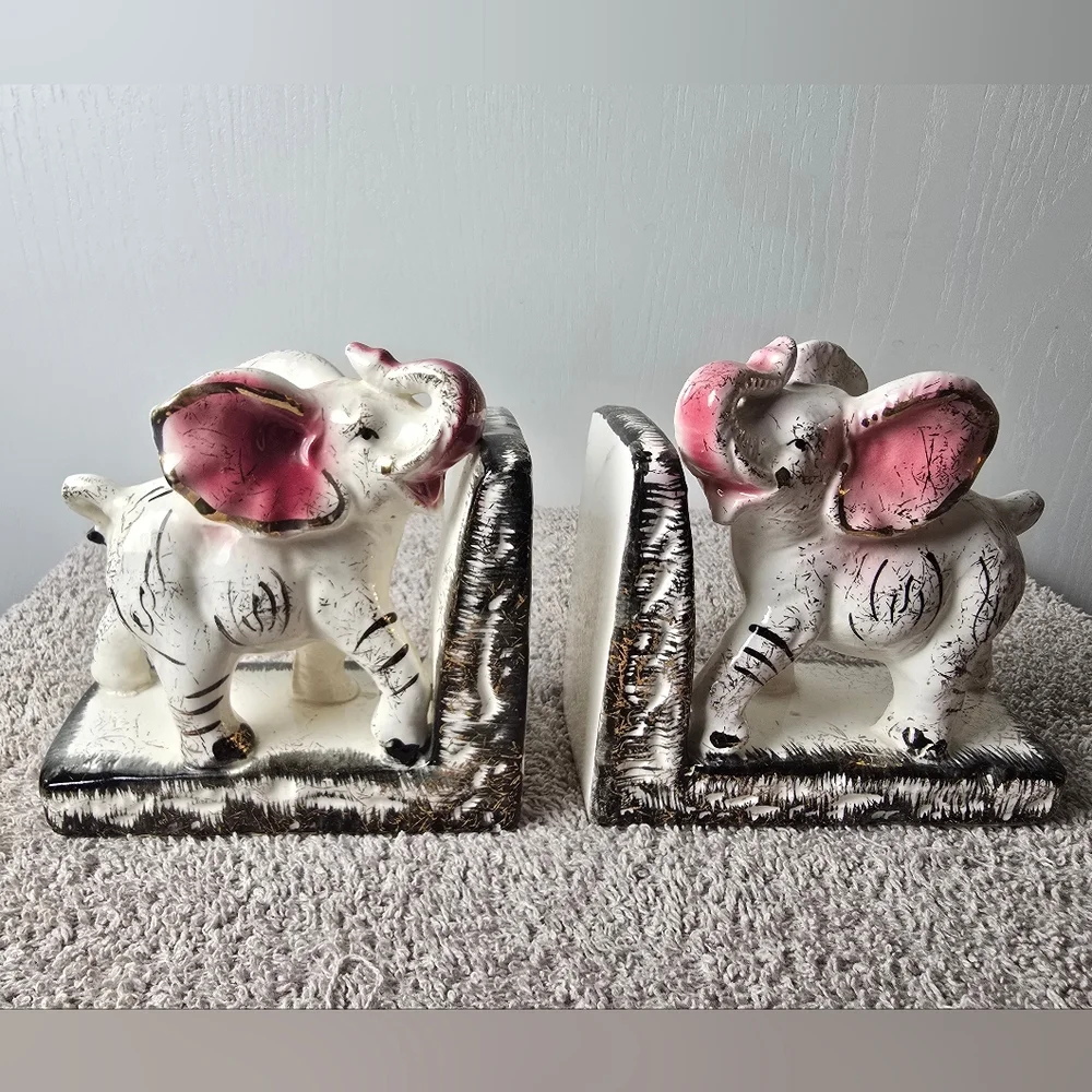 Retro Mid Century Hand Painted Elephant Bookends With Trunks Up