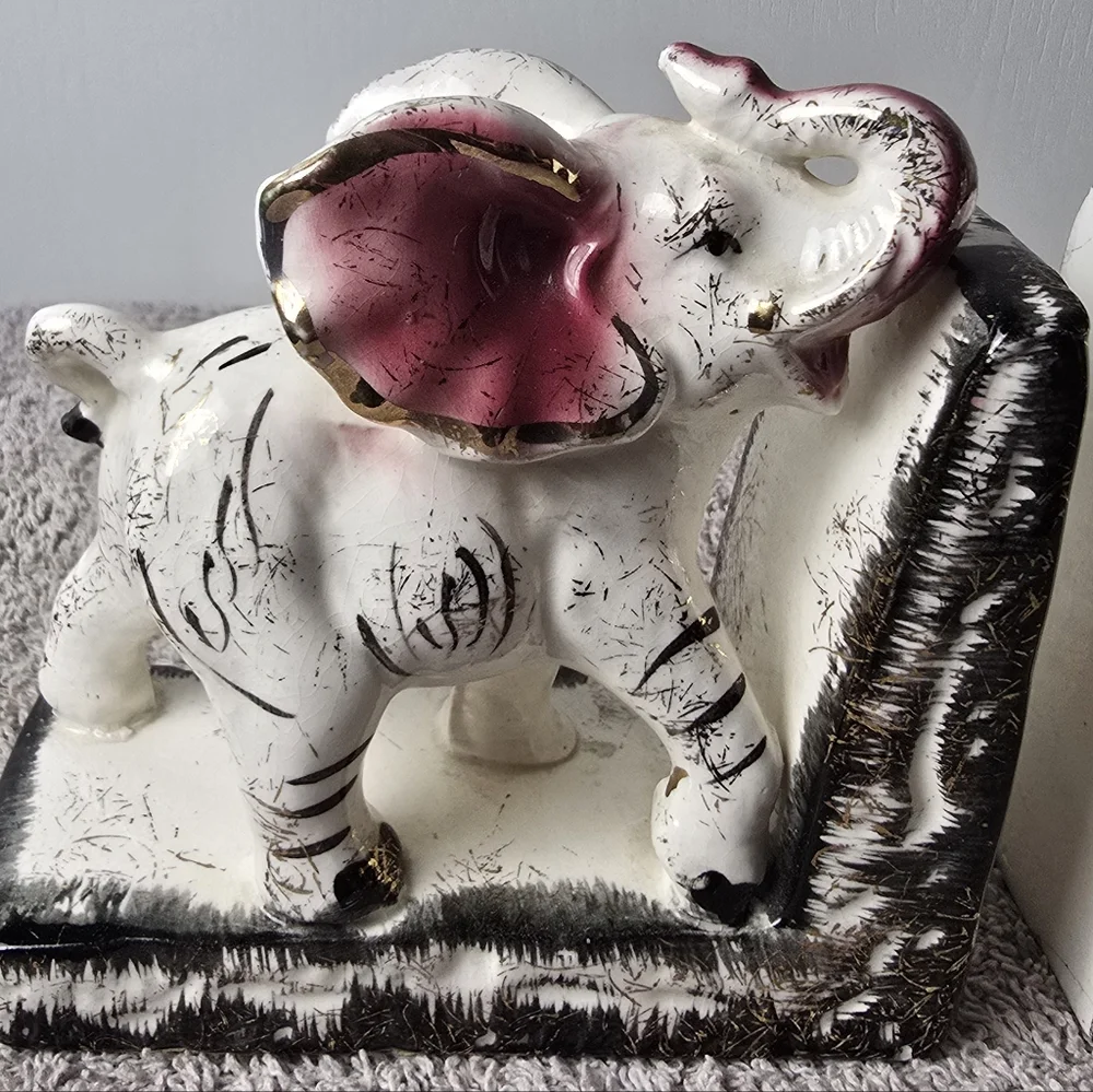 Retro Mid Century Hand Painted Elephant Bookends With Trunks Up