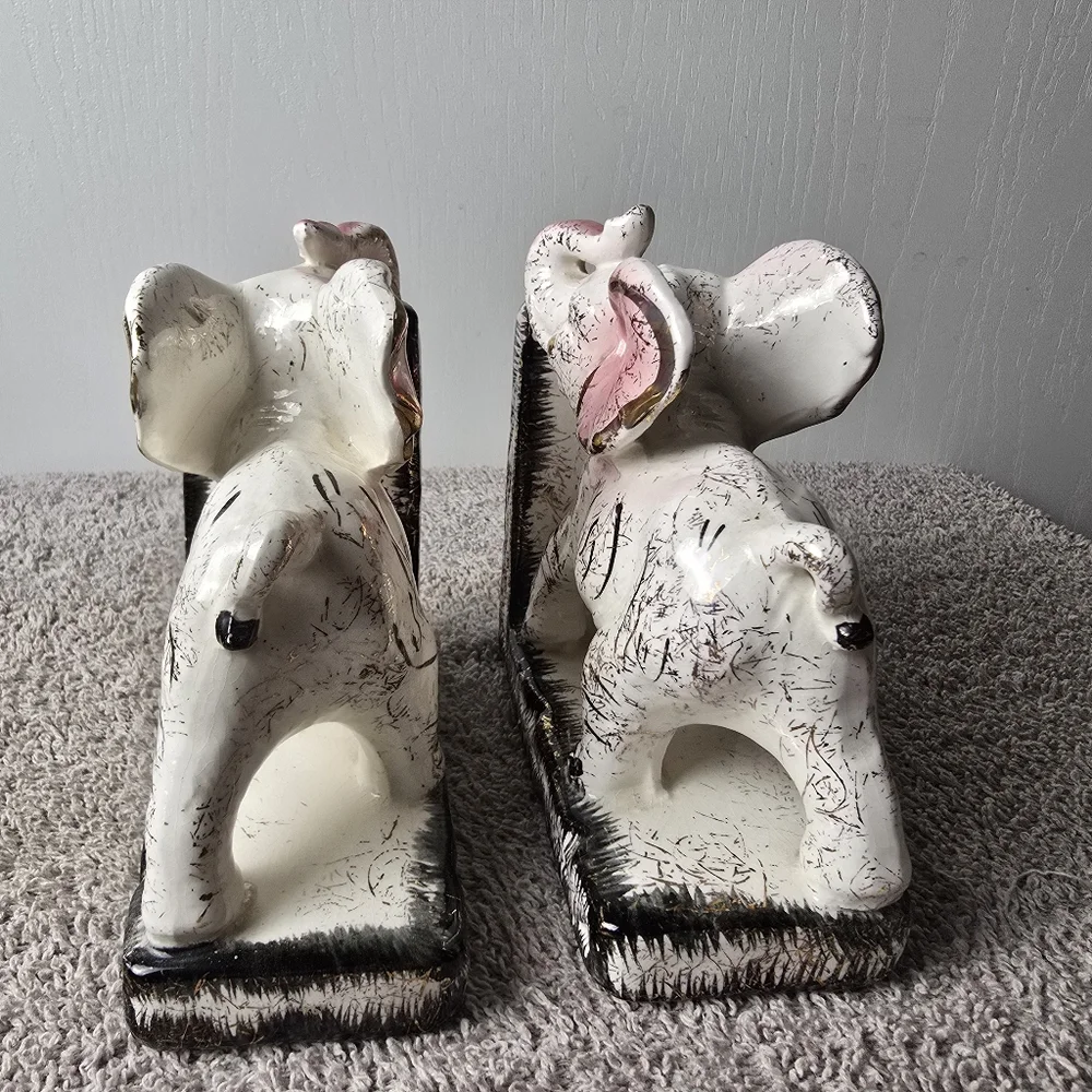 Retro Mid Century Hand Painted Elephant Bookends With Trunks Up
