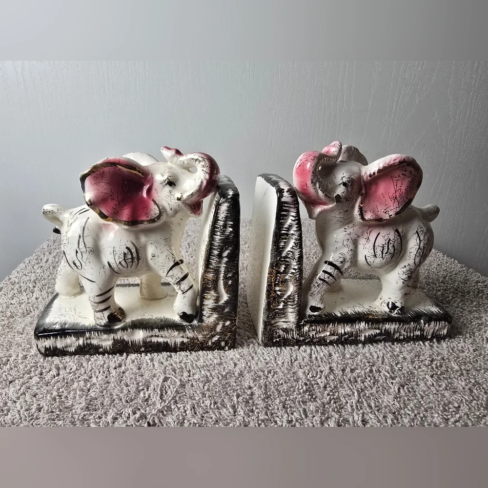 Retro Mid Century Hand Painted Elephant Bookends With Trunks Up