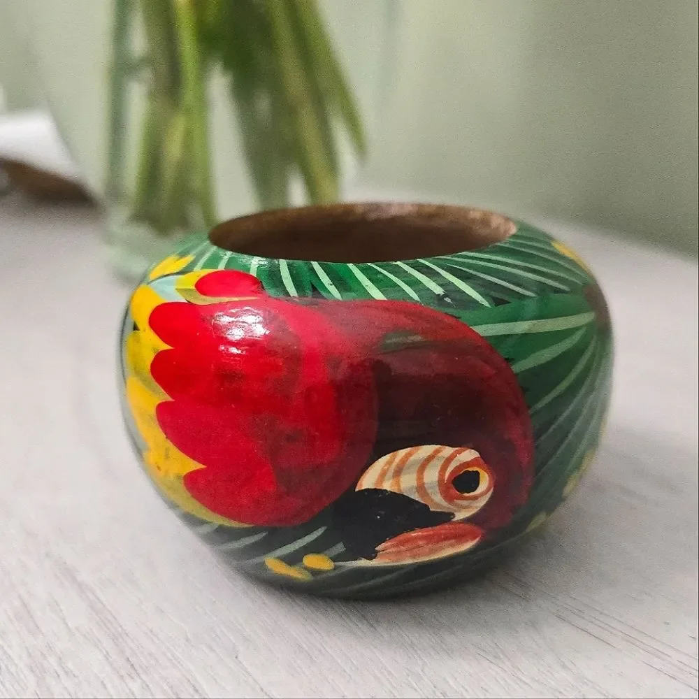 Wooden Bowl Hand painted Macaw Parrot Bird Planter trinket dish