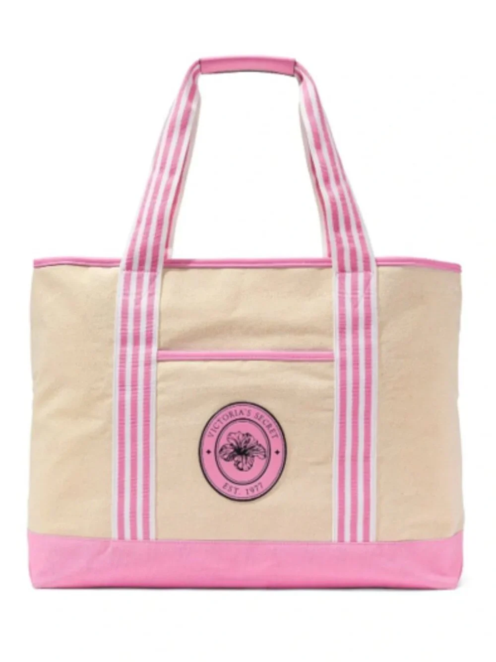Victorias Secret Double Handle Canvas Tote 2026- Tan/White/Pink - NWT