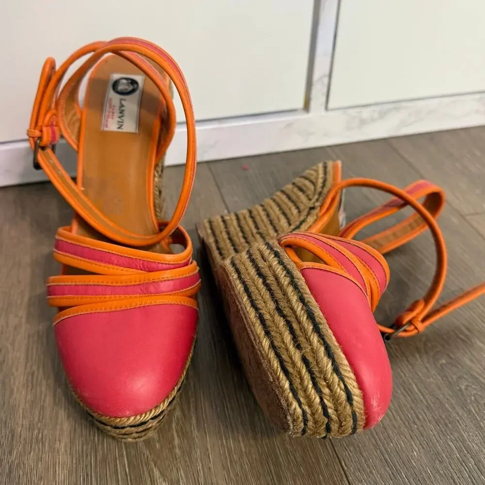 Womens Lanvin‎ Paris Leather Espadrille High Wedge Sandals Size 40 US 8.5