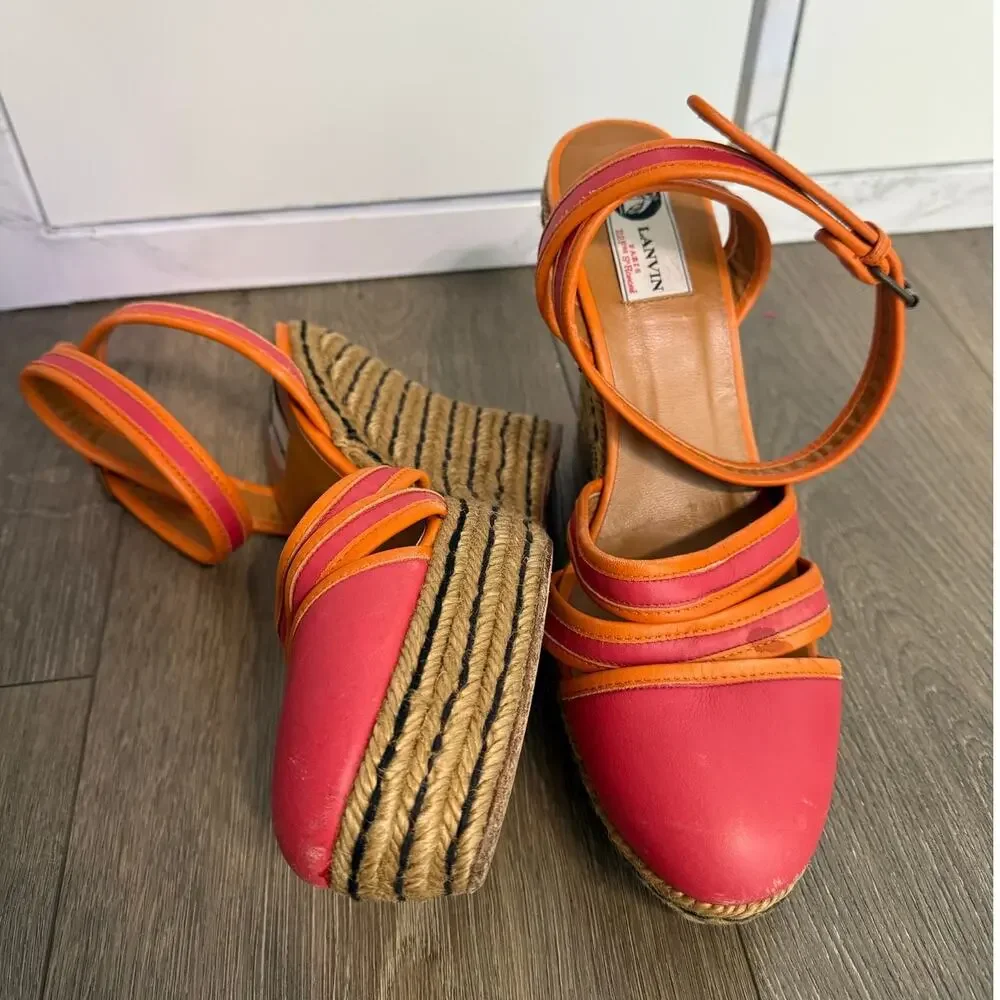 Womens Lanvin‎ Paris Leather Espadrille High Wedge Sandals Size 40 US 8.5