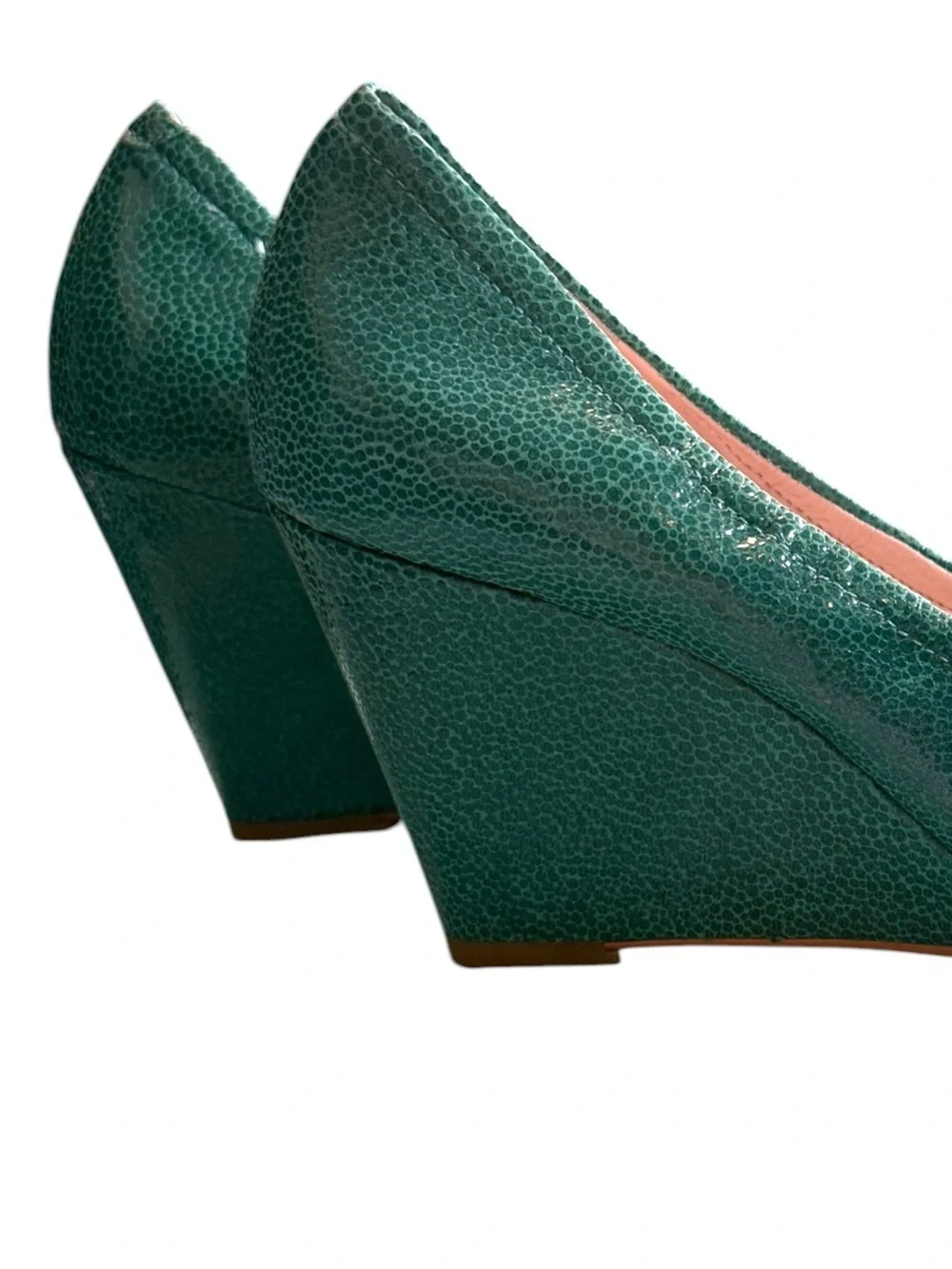 Vince Camuto Emerald Green Embossed Leather Peep Toe Wedge Heels 6.5M