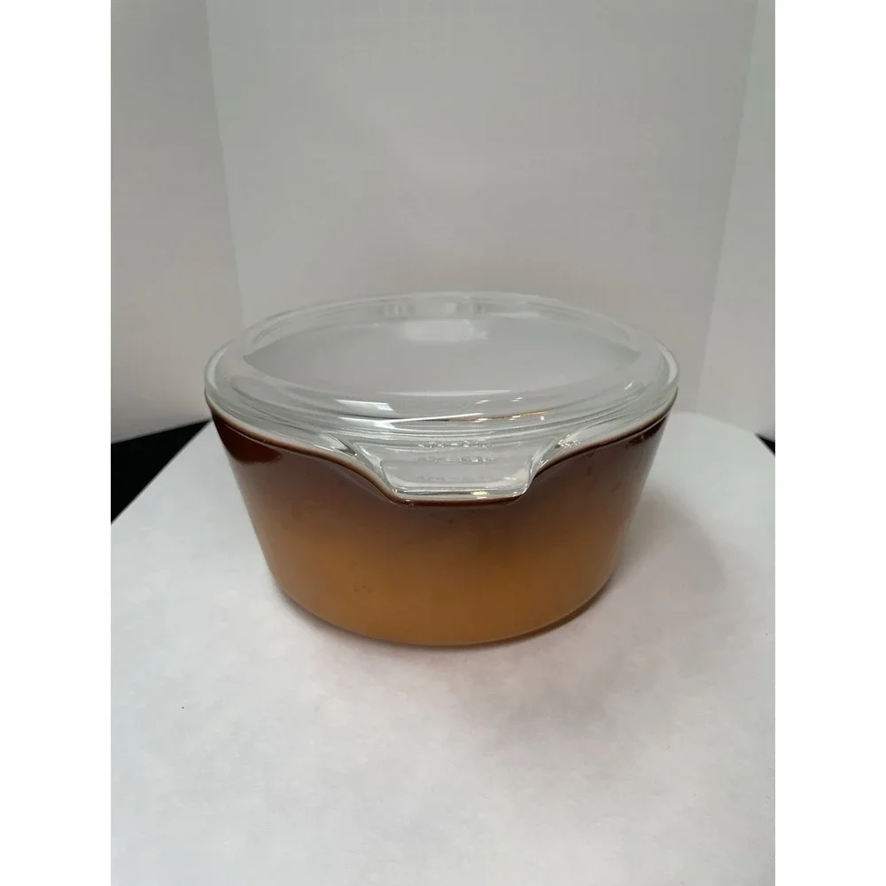 Vintage 1974 Pyrex 1.5 qt Casserole Dish with Lid Old Orchard Brown Butterscotch