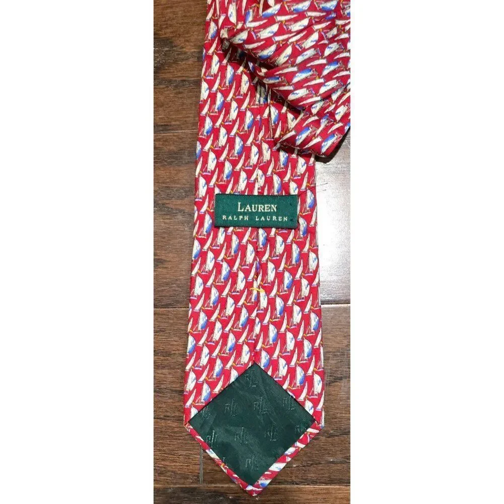 Lauren Ralph Lauren Red Silk Sailboat Pattern Made In USA Nautical Theme boat