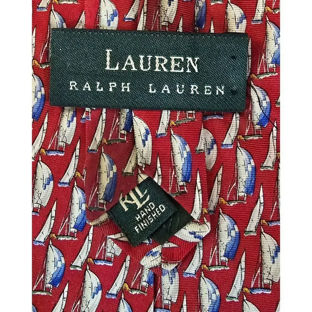Lauren Ralph Lauren Red Silk Sailboat Pattern Made In USA Nautical Theme boat