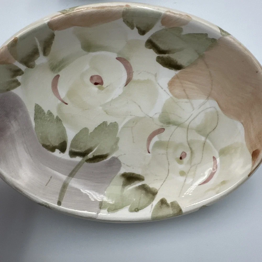 Vintage 90s Floral‎ Ceramic Toothbrush Holder Soap Dish Set Botanical Peach Sage