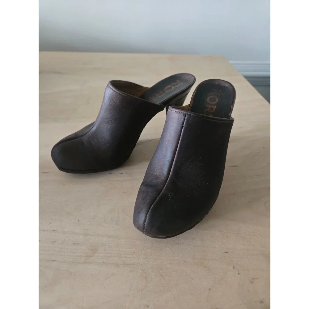 KORS Michael Kors Brown Wood Stiletto Leather Clog Mules size 6 Boho Vintage