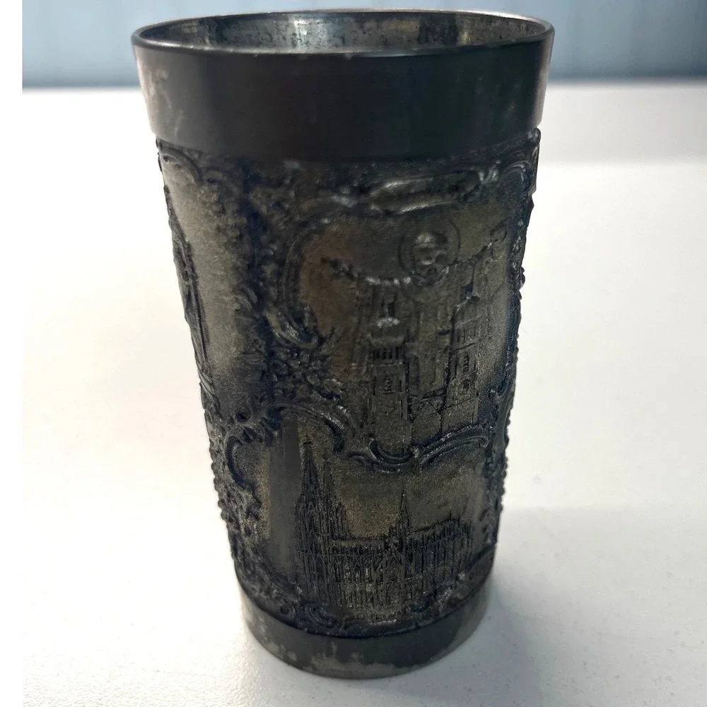 Antique Etched Metal Goblet Cup‎ European Cityscape Scene Collectible Souvenir