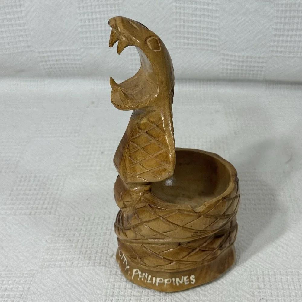 Vintage Hand Carved Wooden Cobra Snake Ash Tray Souvenir Baguio City Philippines