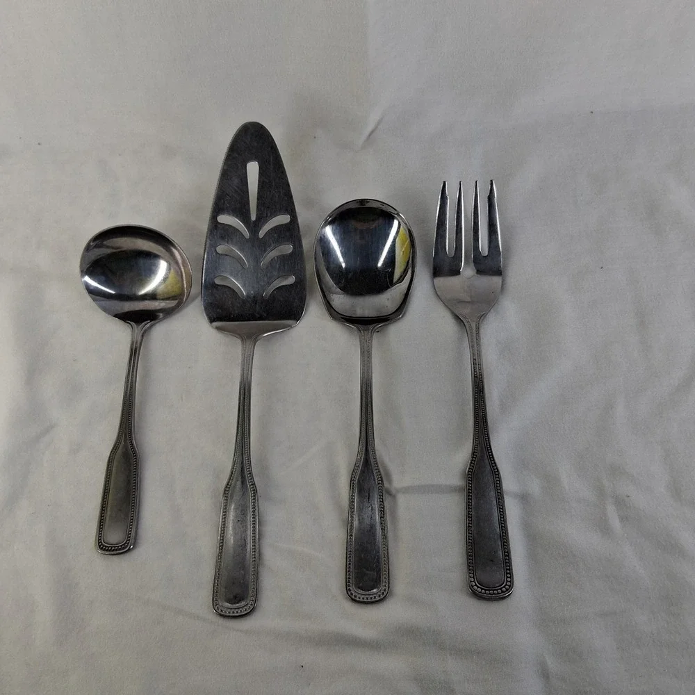 4 PCS Stainless By Salem Japan Beaded Serving Fork, Spoon,‎ Ladle, Cake Server