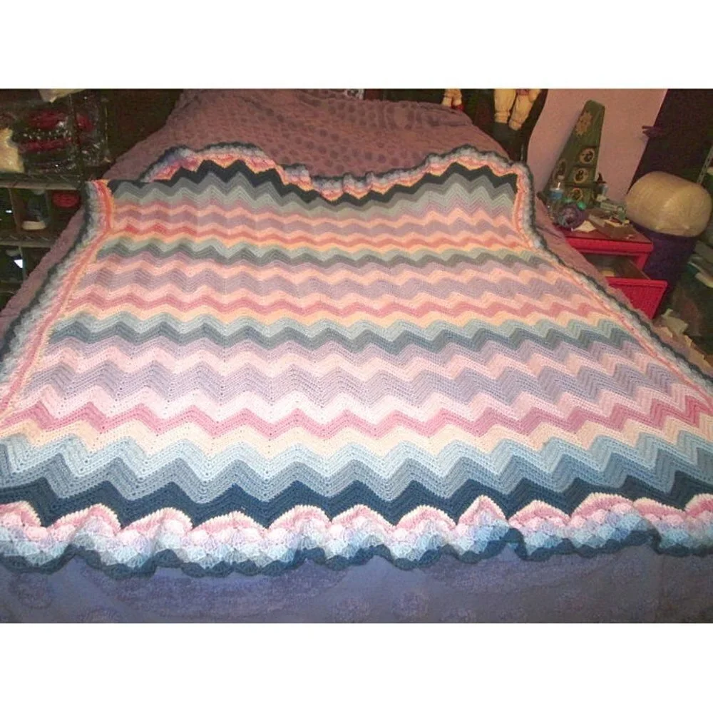 Vtg 90s Hand Crochet Afghan Throw Blanket Couch Throw Colorful Chevron Boho 59”