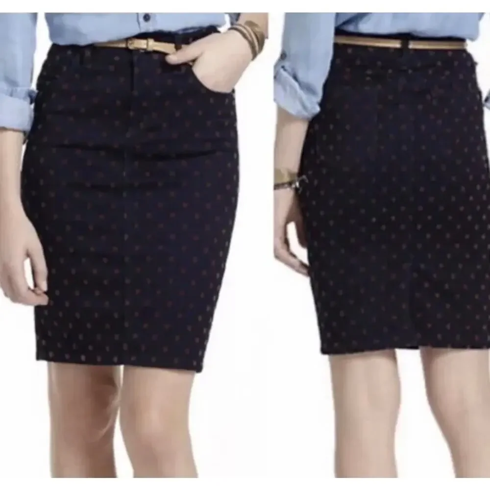 Anthropologie Pilcro Navy Brushed Denim Rust Polka Dot Pencil Skirt 27/4